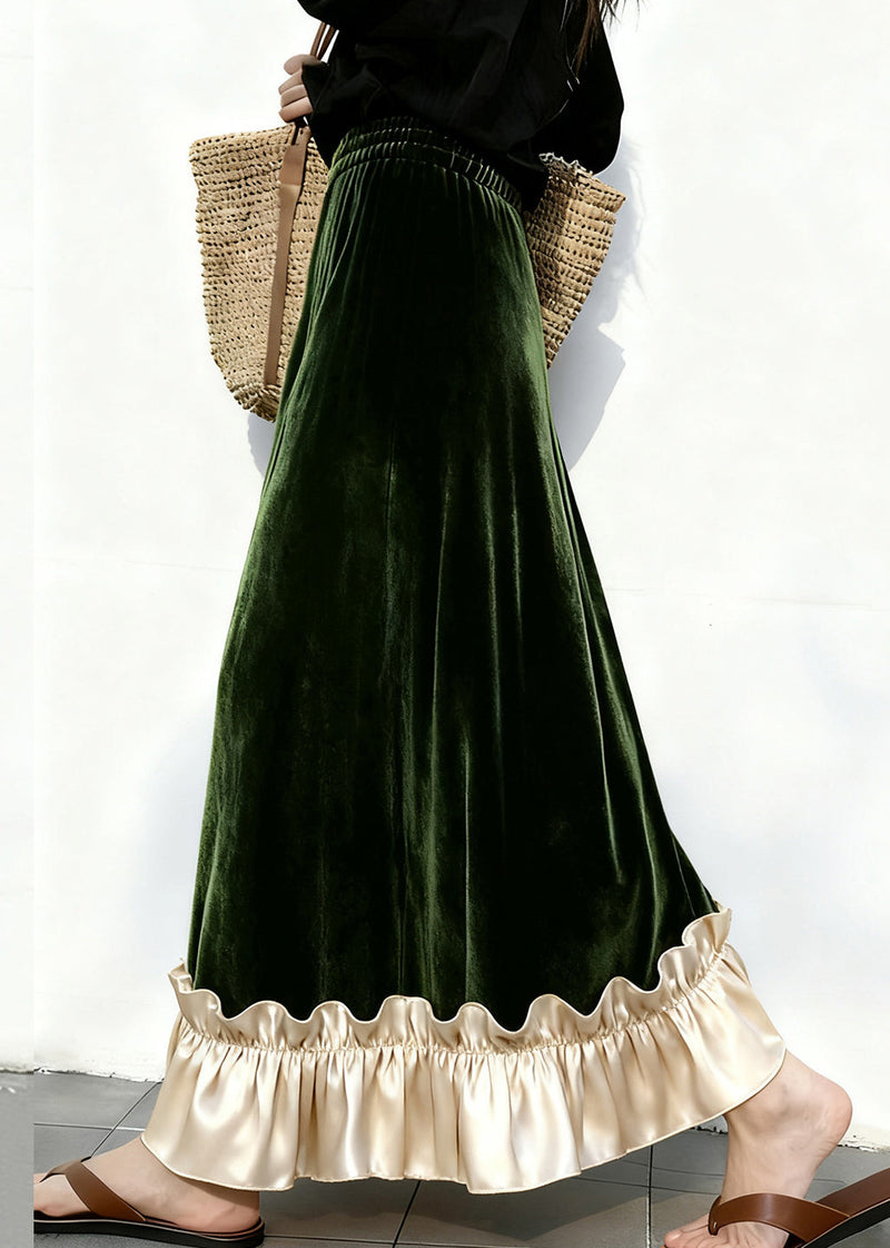 Ruffled Elastic Waist Patchwork Velour Skirt Winter