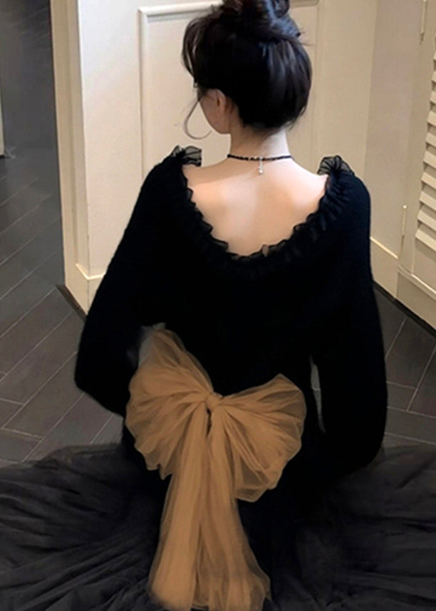 Black Ruffled Patchwork Bow Knit Sweater Tops Winter