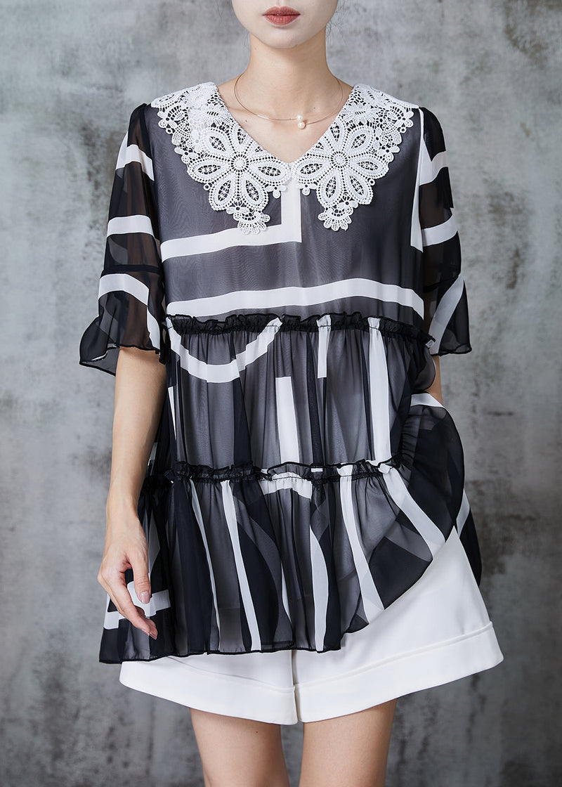 Black Ruffled Patchwork Chiffon Tank Summer