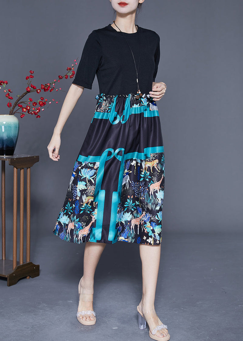Black Ruffled Patchwork Print Cotton Dress Summer