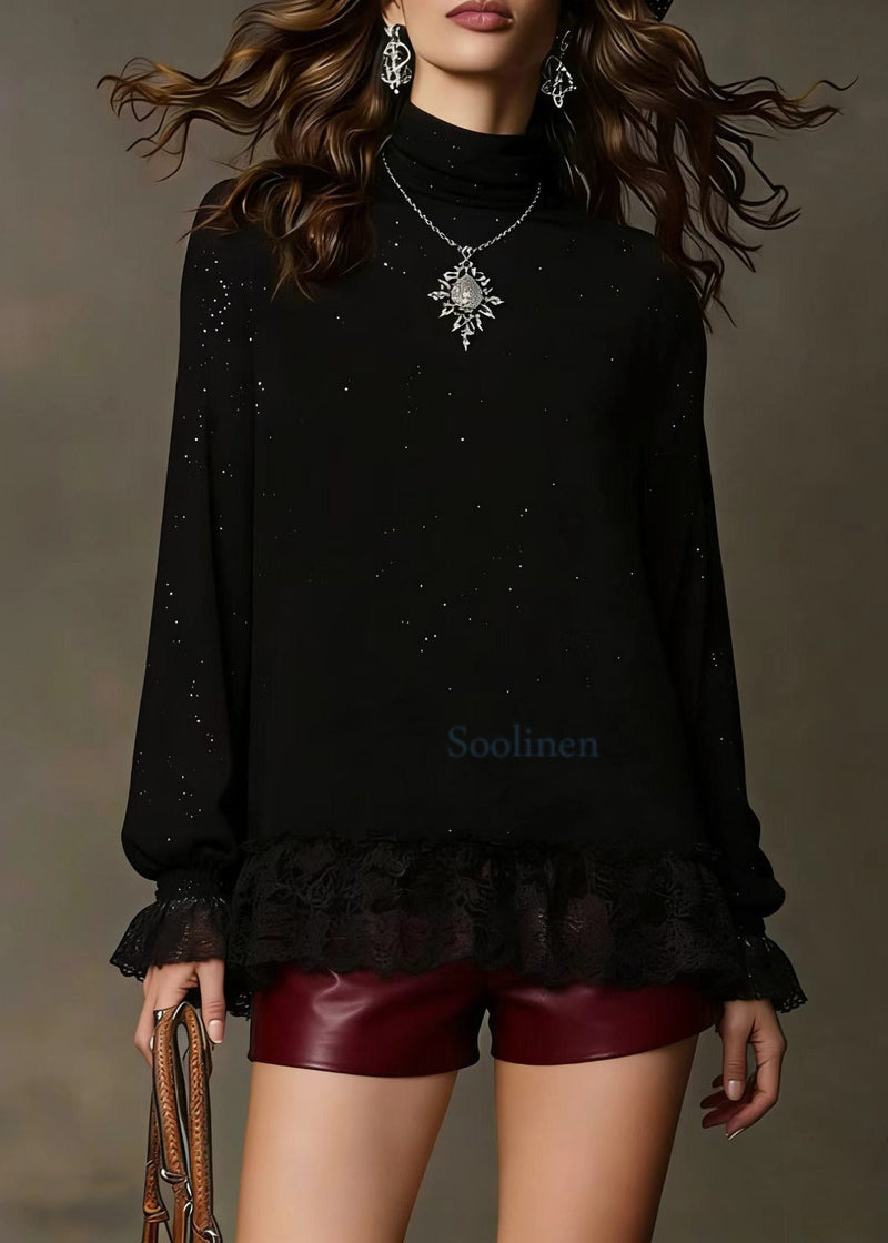 Black Sequins Lace Patchwork Knit Blouses Spring