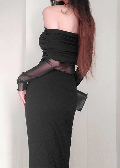 Black Slash Neck Tulle Patchwork Long Dress Spring