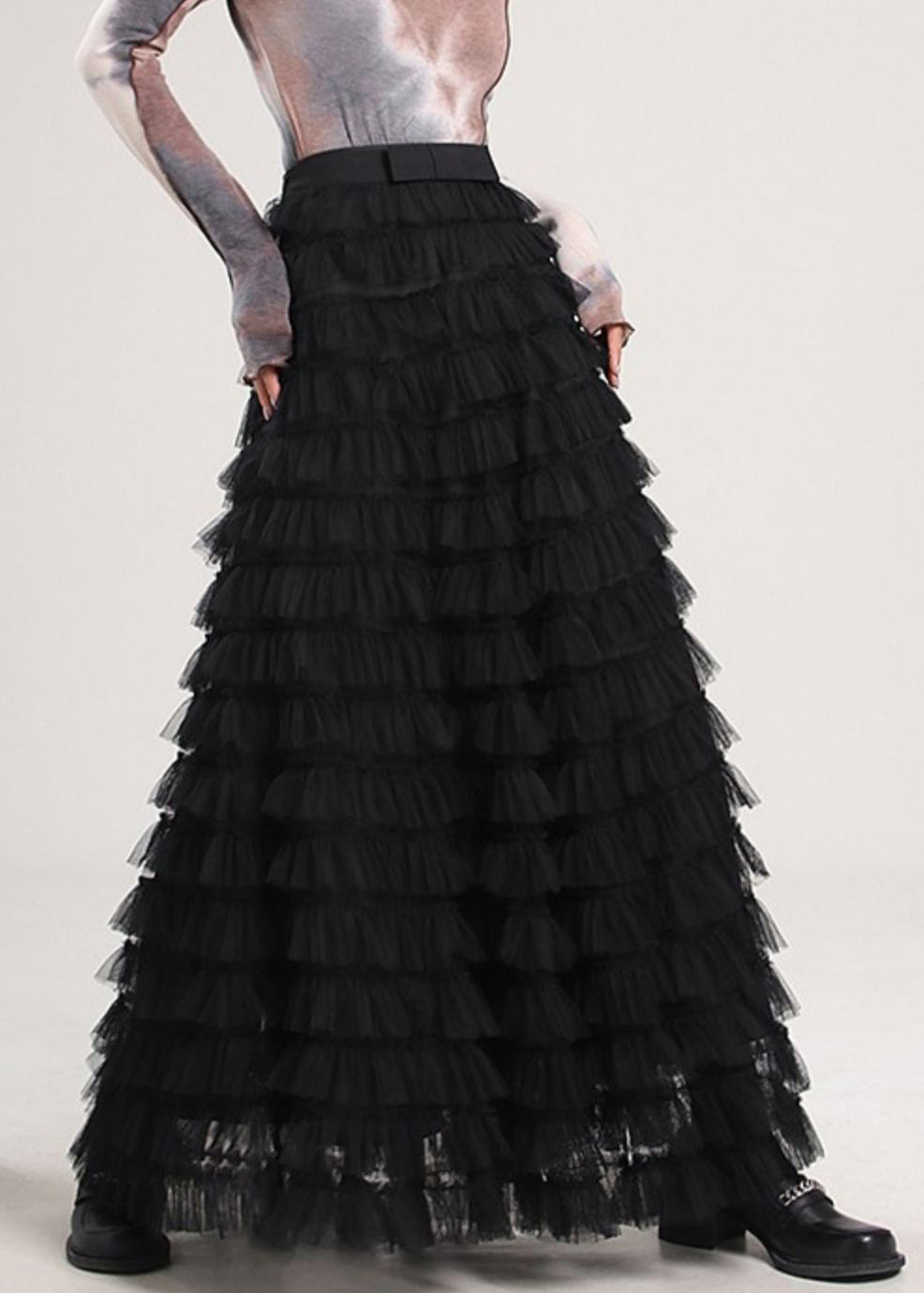 Black High Waist Tulle Pleated Skirt Spring