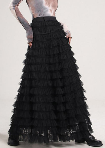 Black High Waist Tulle Pleated Skirt Spring
