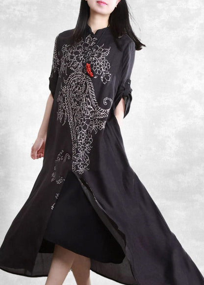 Black Stand Collar Button Print Pockets Linen Cardigans Half Sleeve