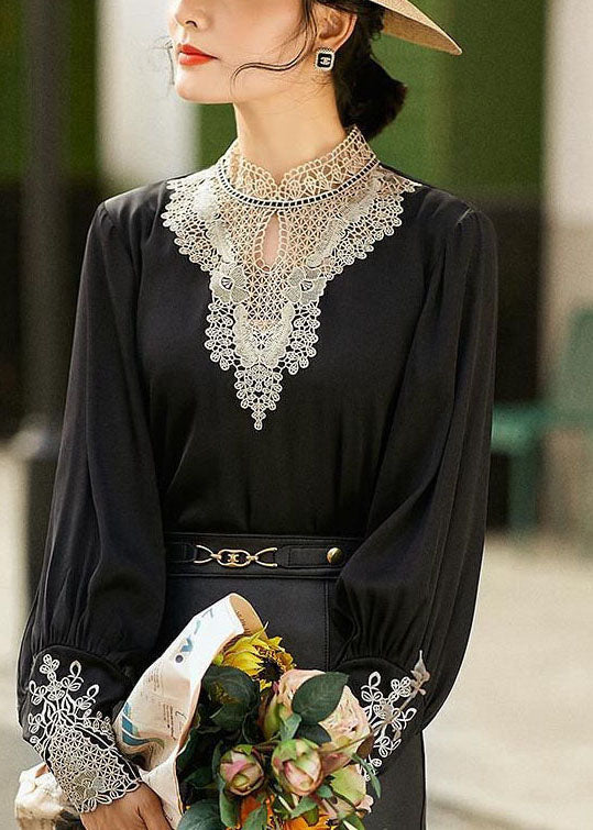 Black Stand Collar Embroideried Hollow Out Chiffon Blouse Tops Long Sleeve