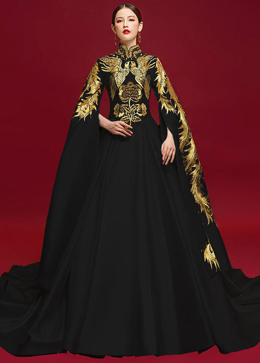 Black Stand Collar Embroidered Patchwork Silk Vacation Dresses Fall