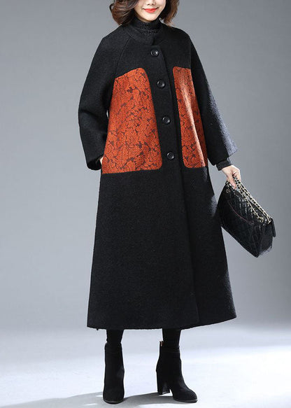 Black Stand Collar Oversized Print Woolen Coats Winter