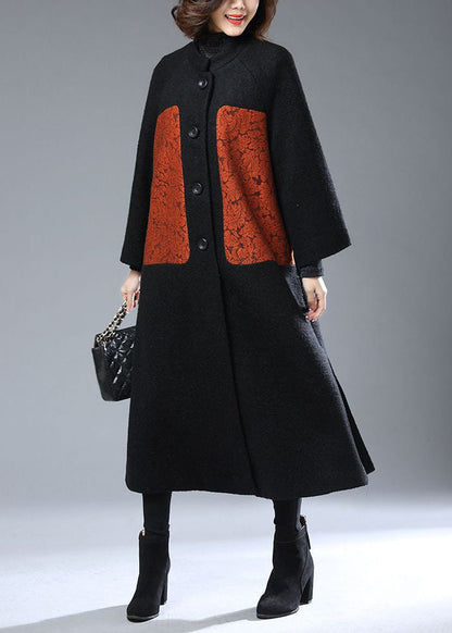 Black Stand Collar Oversized Print Woolen Coats Winter