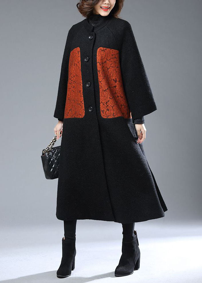 Black Stand Collar Oversized Print Woolen Coats Winter