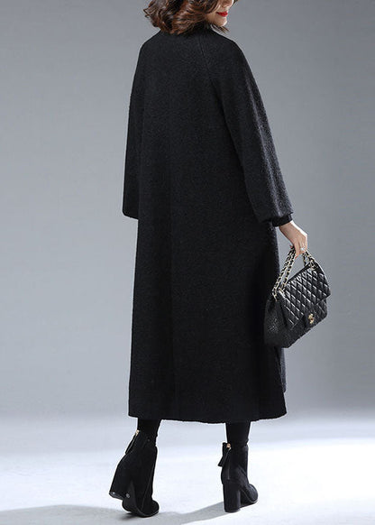 Black Stand Collar Oversized Print Woolen Coats Winter