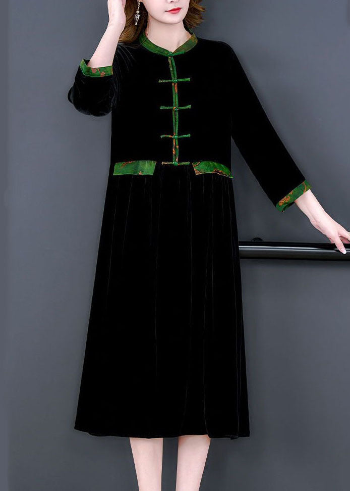 Black Stand Collar Patchwork Oriental Button Silk Velour Dress Bracelet Sleeve