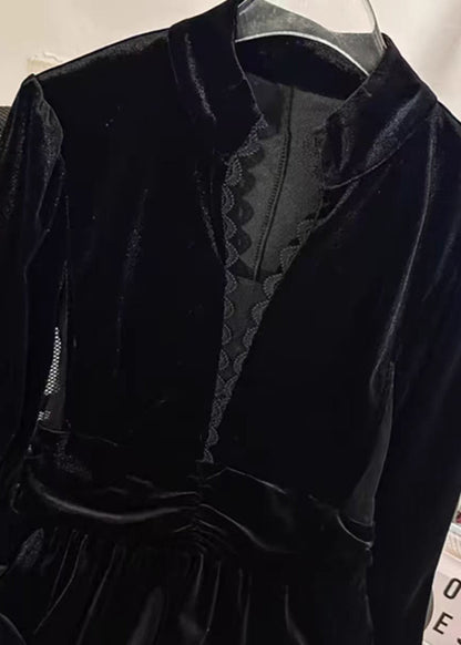 Black Stand Collar Patchwork Slim Fit Velvet Dresses Spring