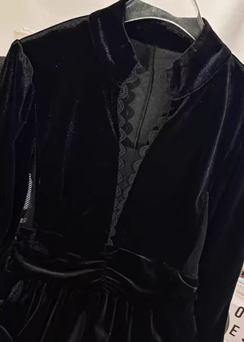 Black Stand Collar Patchwork Slim Fit Velvet Dresses Spring