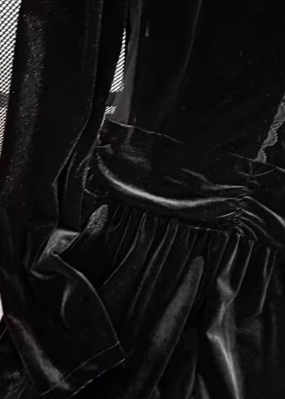 Black Stand Collar Patchwork Slim Fit Velvet Dresses Spring