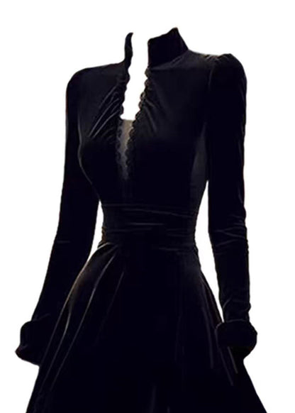Black Stand Collar Patchwork Slim Fit Velvet Dresses Spring