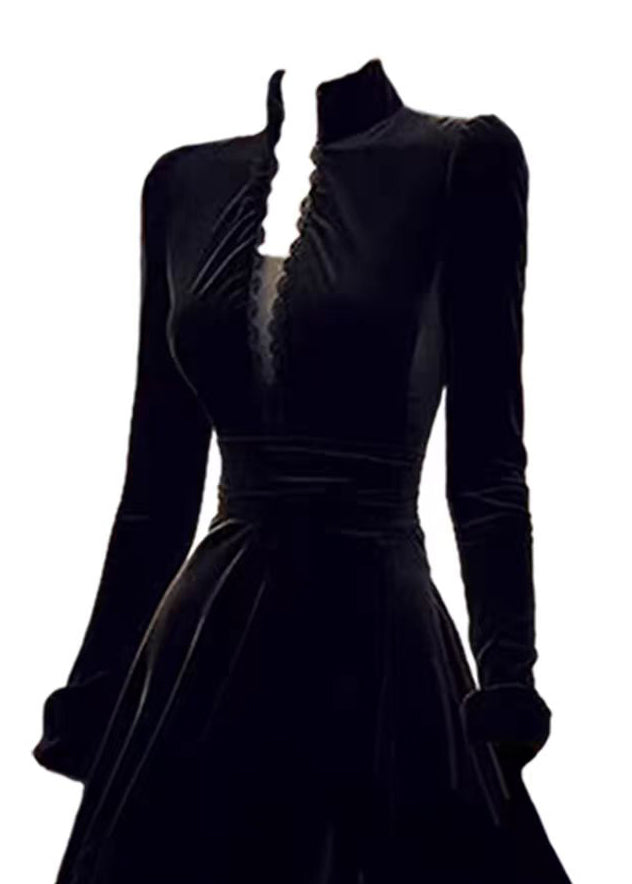 Black Stand Collar Patchwork Slim Fit Velvet Dresses Spring