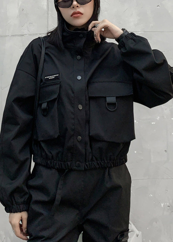 Black Stand Collar Pockets Button Jacket Long Sleeve