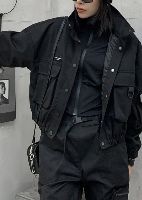 Black Stand Collar Pockets Button Jacket Long Sleeve