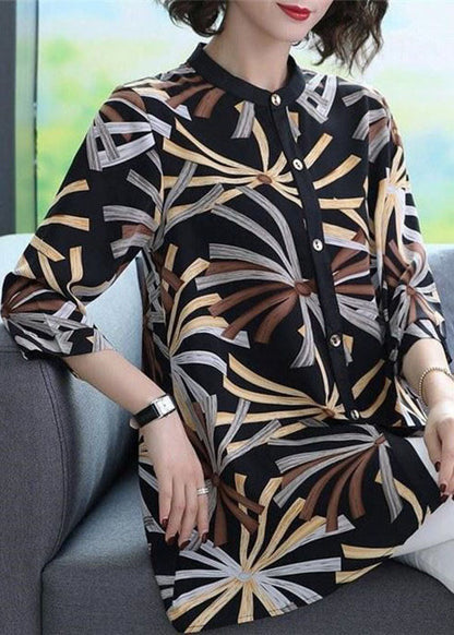 Black Stand Collar Print Chiffon Shirts Bracelet Sleeve