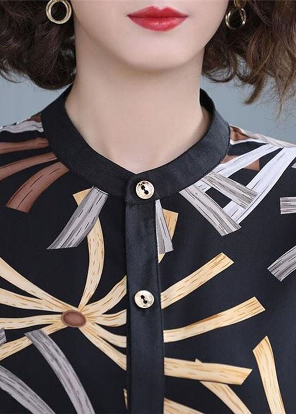 Black Stand Collar Print Chiffon Shirts Bracelet Sleeve