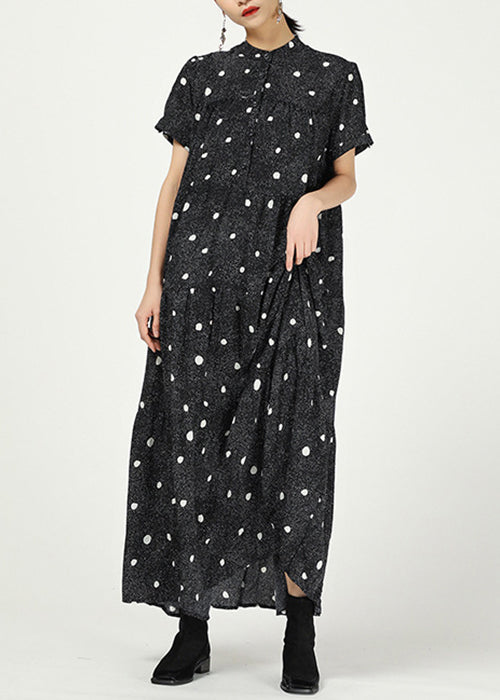 Black Stand Collar Print Cotton Dresses Short Sleeve
