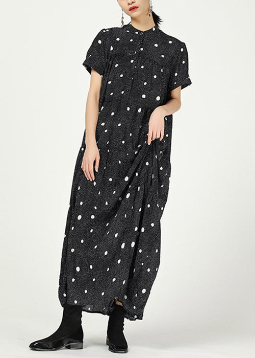 Black Stand Collar Print Cotton Dresses Short Sleeve