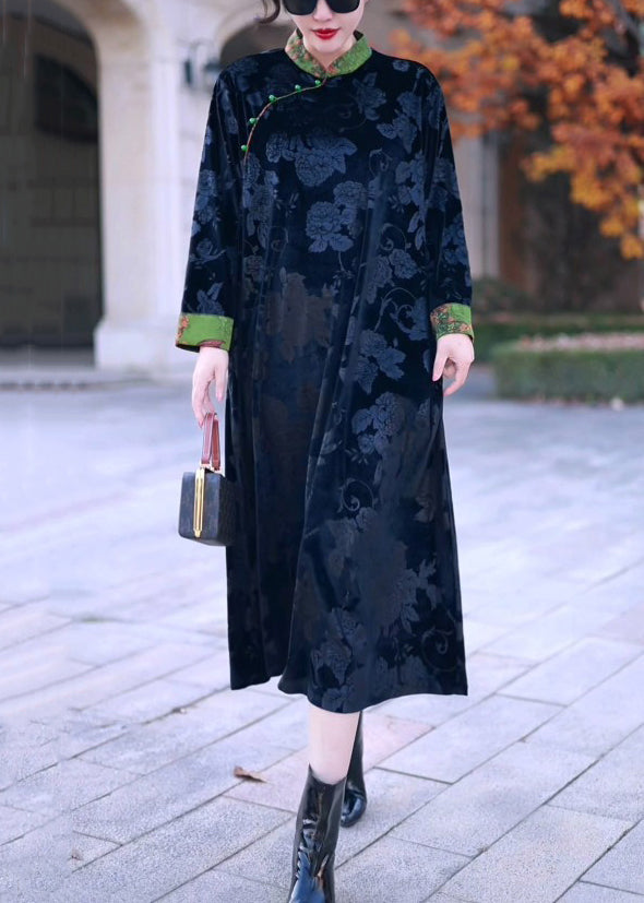 Black Stand Collar Print Silk Velvet Long Dress Winter