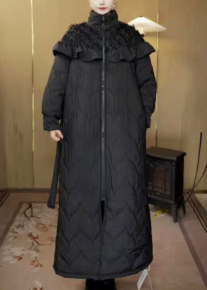 Black Stand Collar Ruffled Fine Cotton Filled Parka Winter