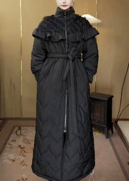 Black Stand Collar Ruffled Fine Cotton Filled Parka Winter