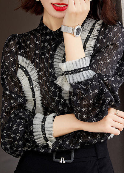 Elegant Black Stand Collar Ruffled Patchwork Print Chiffon Shirts Long Sleeve