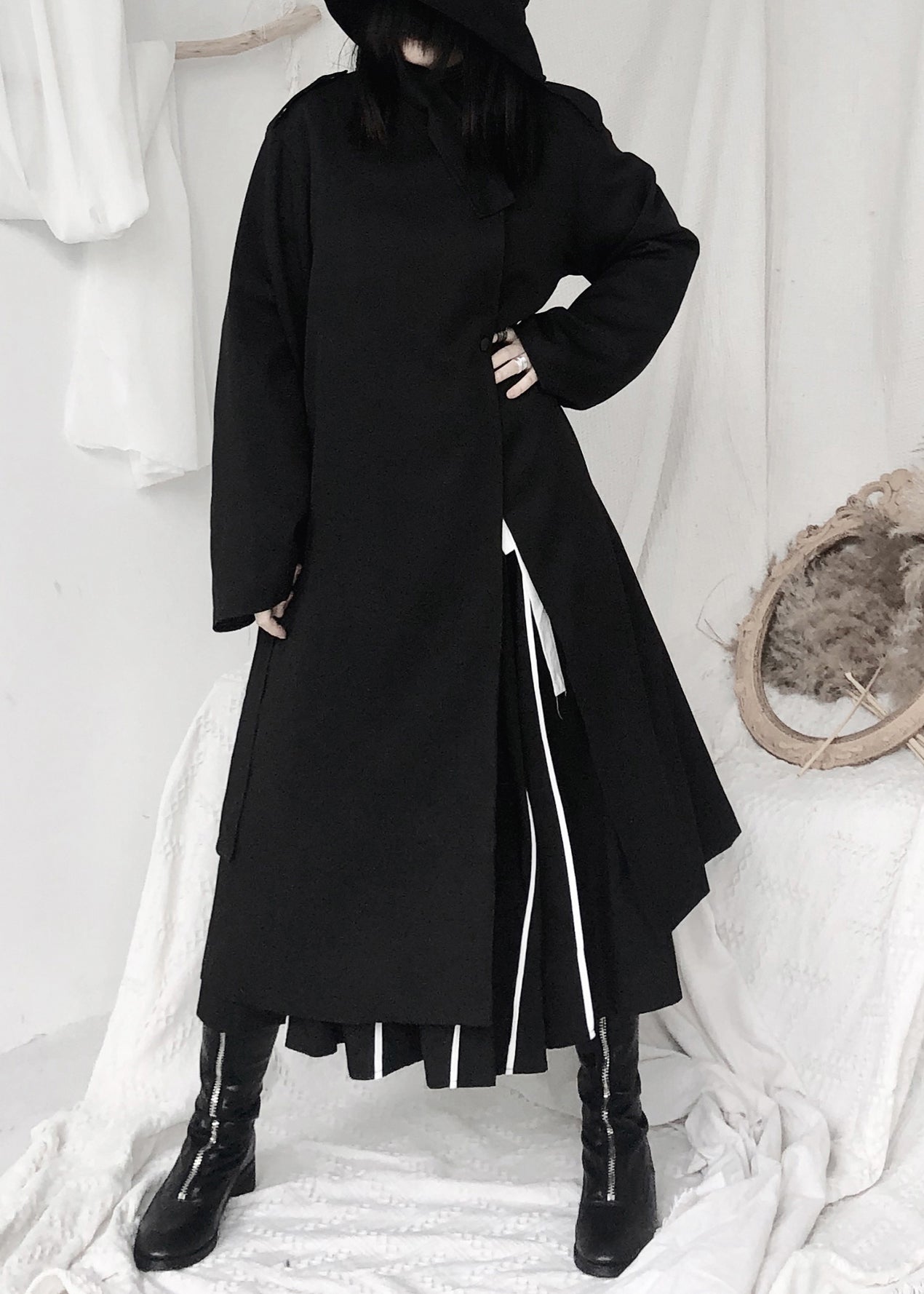 Black Stand Collar Tie Waist Button Trench Coats Long Sleeve