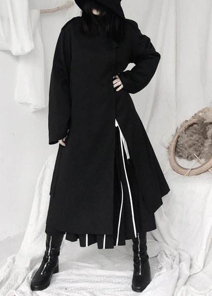 Black Stand Collar Tie Waist Button Trench Coats Long Sleeve