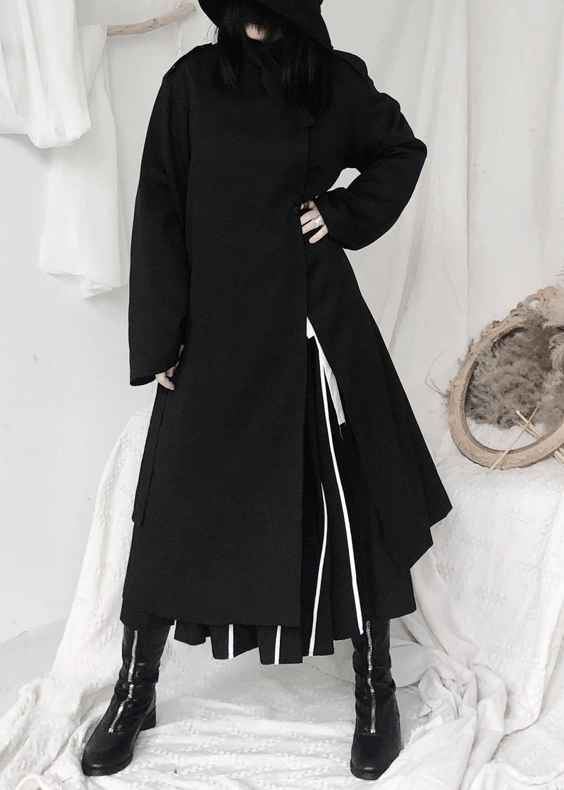 Black Stand Collar Tie Waist Button Trench Coats Long Sleeve