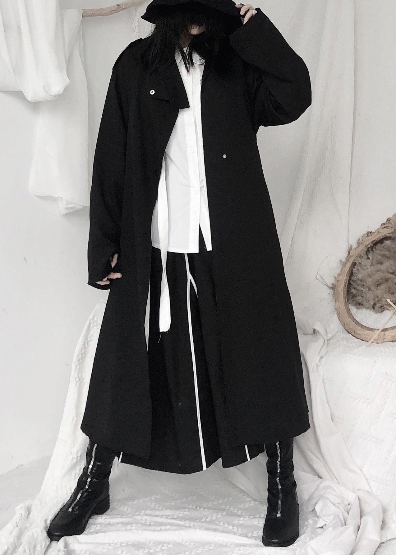 Black Stand Collar Tie Waist Button Trench Coats Long Sleeve