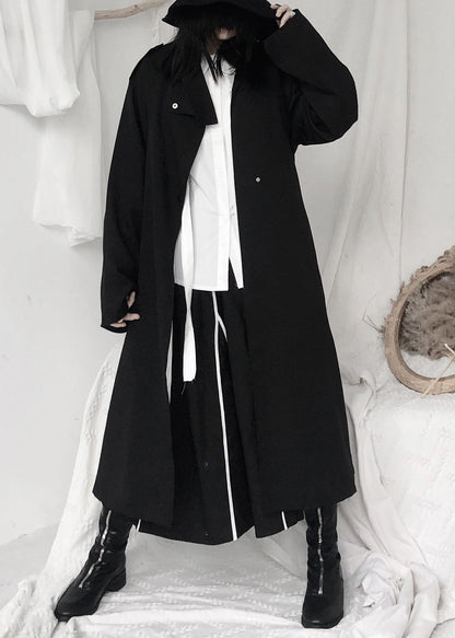 Black Stand Collar Tie Waist Button Trench Coats Long Sleeve