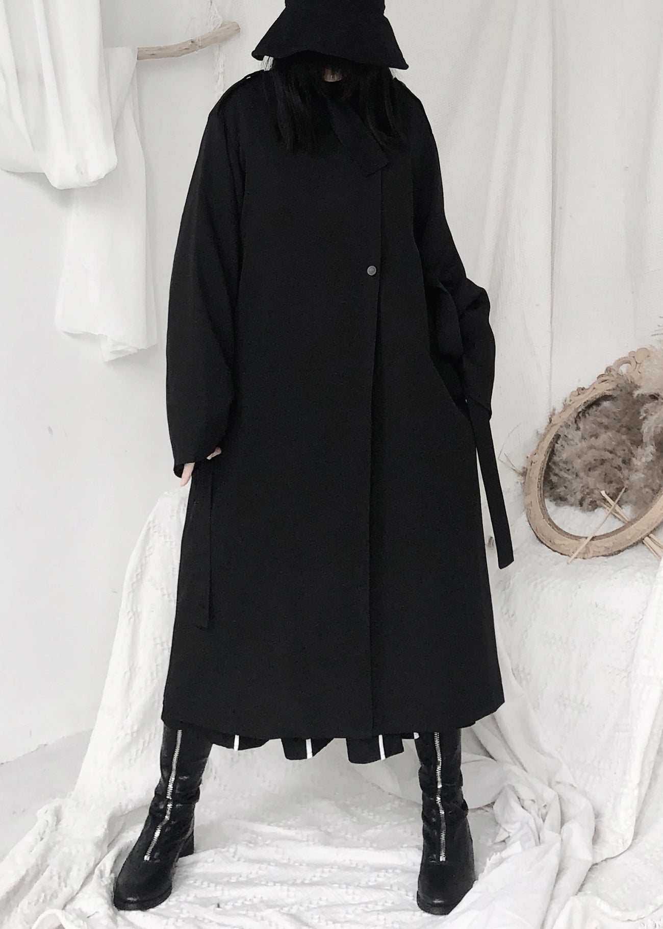 Black Stand Collar Tie Waist Button Trench Coats Long Sleeve