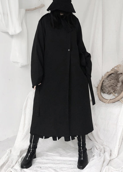 Black Stand Collar Tie Waist Button Trench Coats Long Sleeve