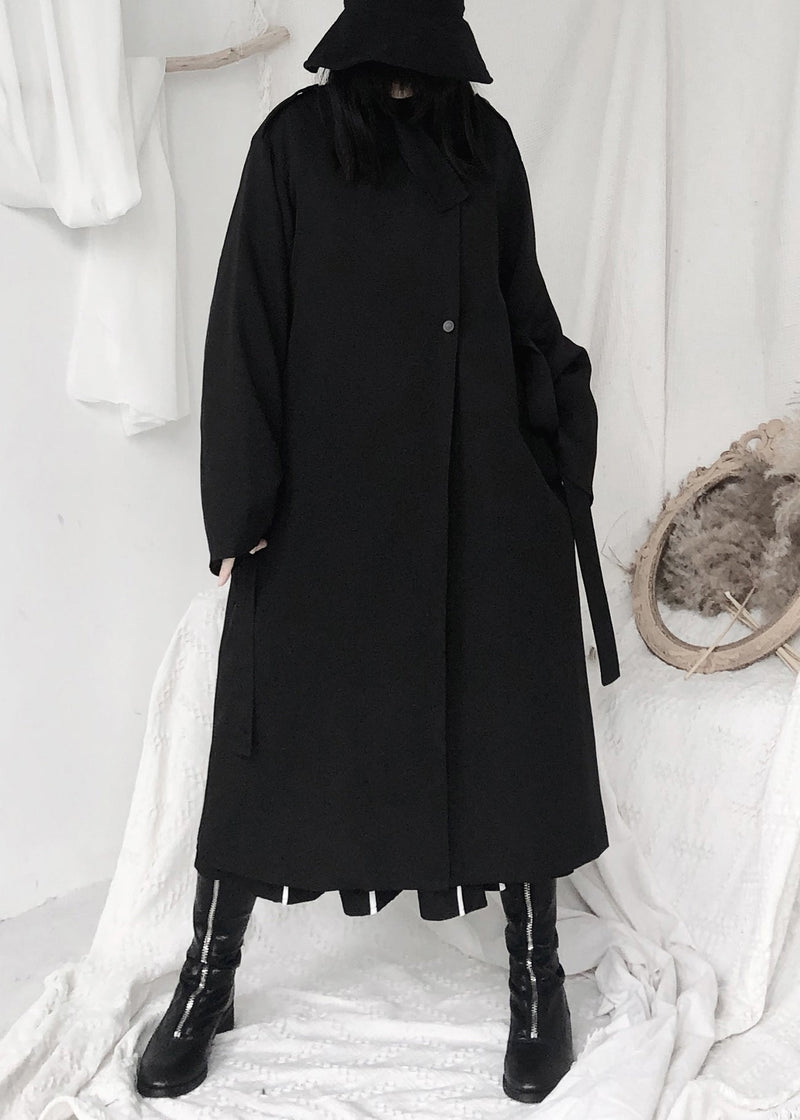 Black Stand Collar Tie Waist Button Trench Coats Long Sleeve