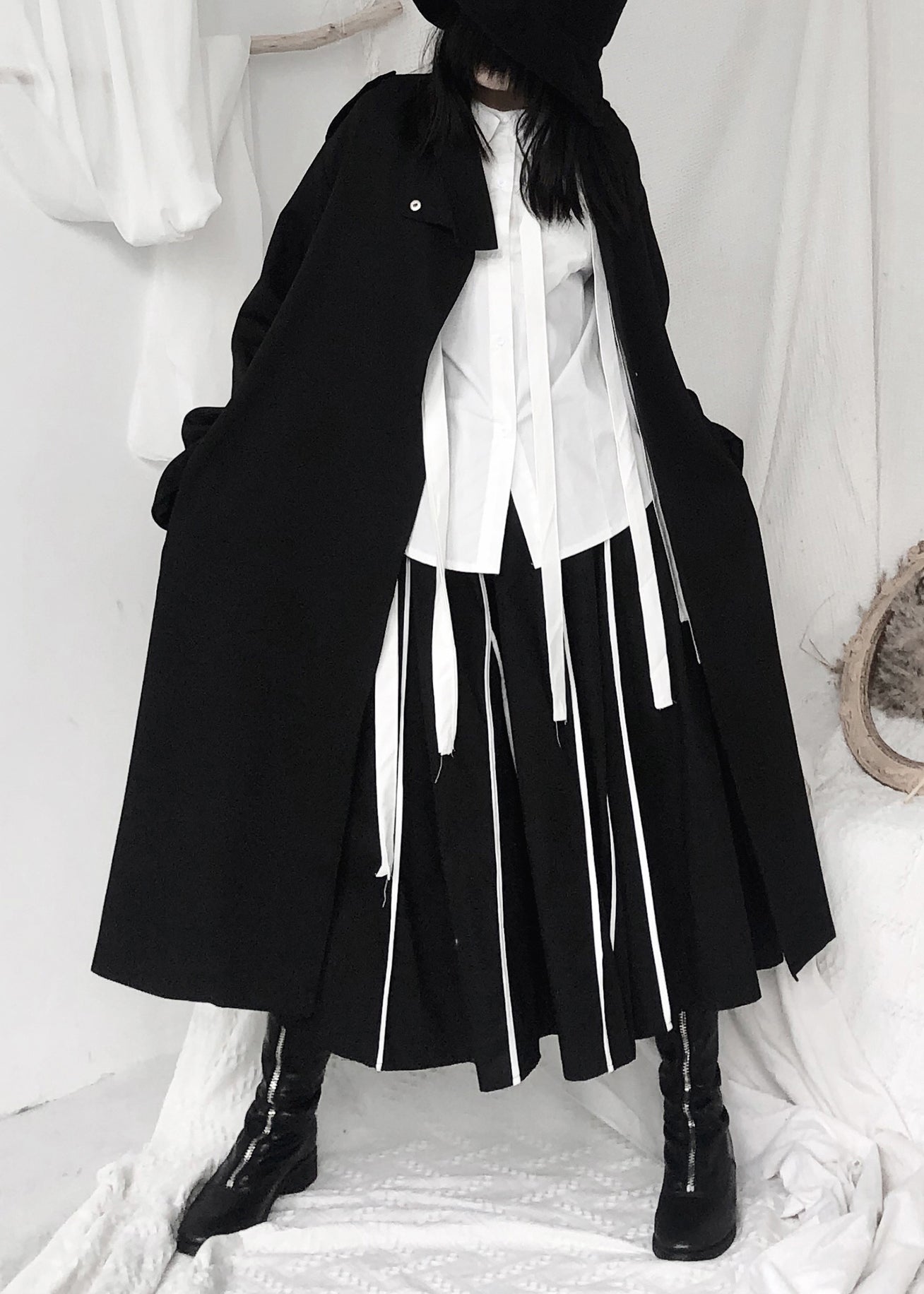Black Stand Collar Tie Waist Button Trench Coats Long Sleeve