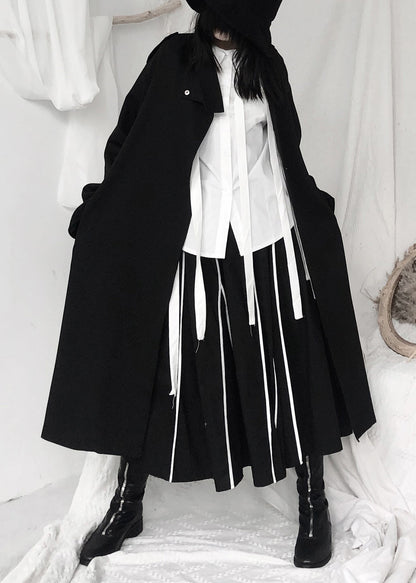 Black Stand Collar Tie Waist Button Trench Coats Long Sleeve