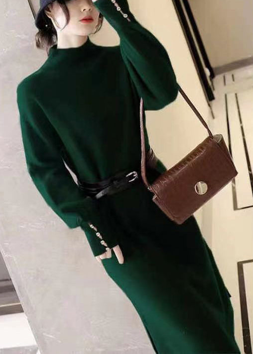 Black Stand Collar Tie Waist Patchwork Knit Sweater Dress Fall