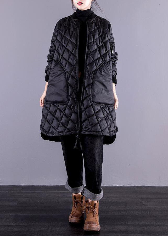 Black Stand Collar Zip Up Pockets Fine Cotton Filled Coats Winter