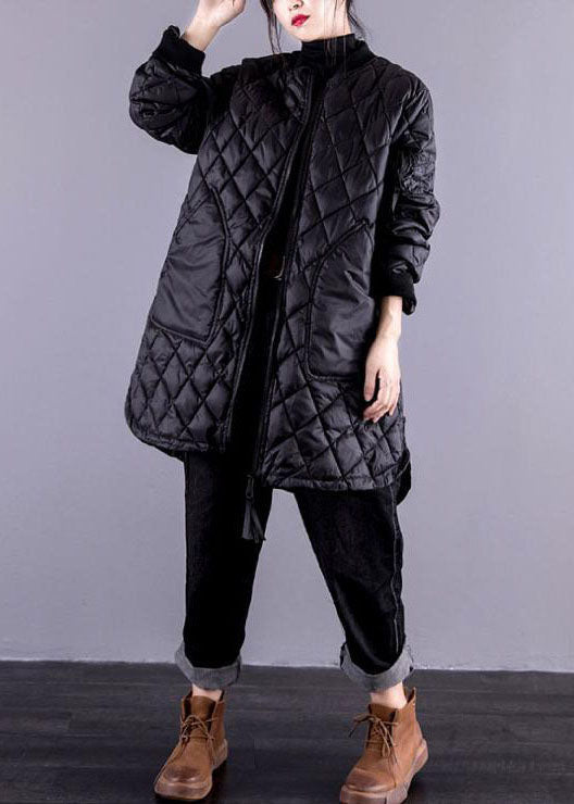 Black Stand Collar Zip Up Pockets Fine Cotton Filled Coats Winter
