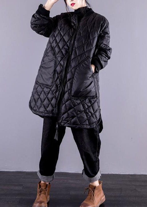 Black Stand Collar Zip Up Pockets Fine Cotton Filled Coats Winter