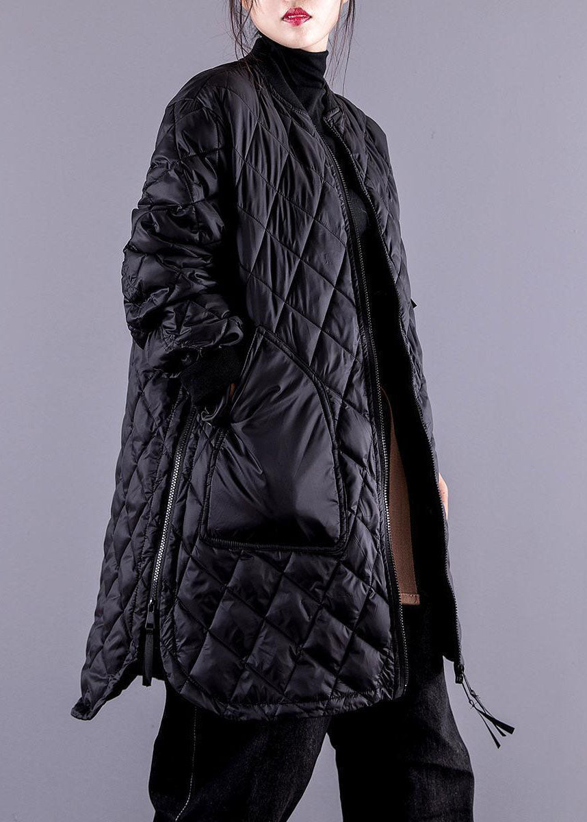 Black Stand Collar Zip Up Pockets Fine Cotton Filled Coats Winter