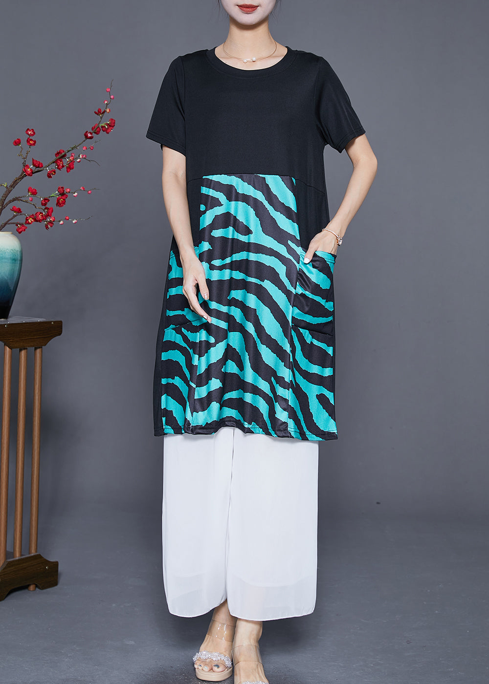 Black Striped Patchwork Pockets Cotton Maxi Dresses Summer