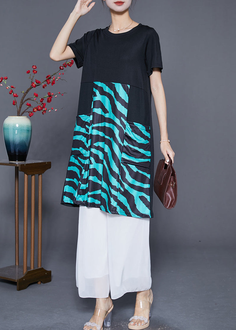 Black Striped Patchwork Pockets Cotton Maxi Dresses Summer