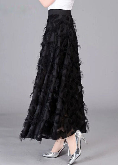 Black Tasseled Patchwork High Waist Chiffon Skirt Spring