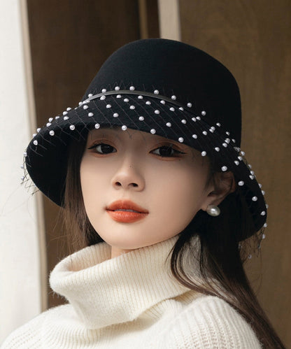 Black Tulle Nail Bead Woolen Bucket Hat